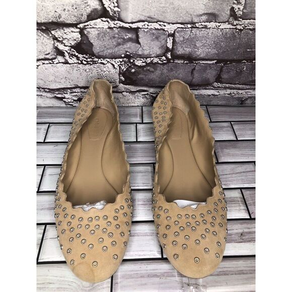 Chloe Beige Suede Leather Scalloped Studded Ballet Flats Women’s Sz 40EU/9.5M US - Picture 12 of 16